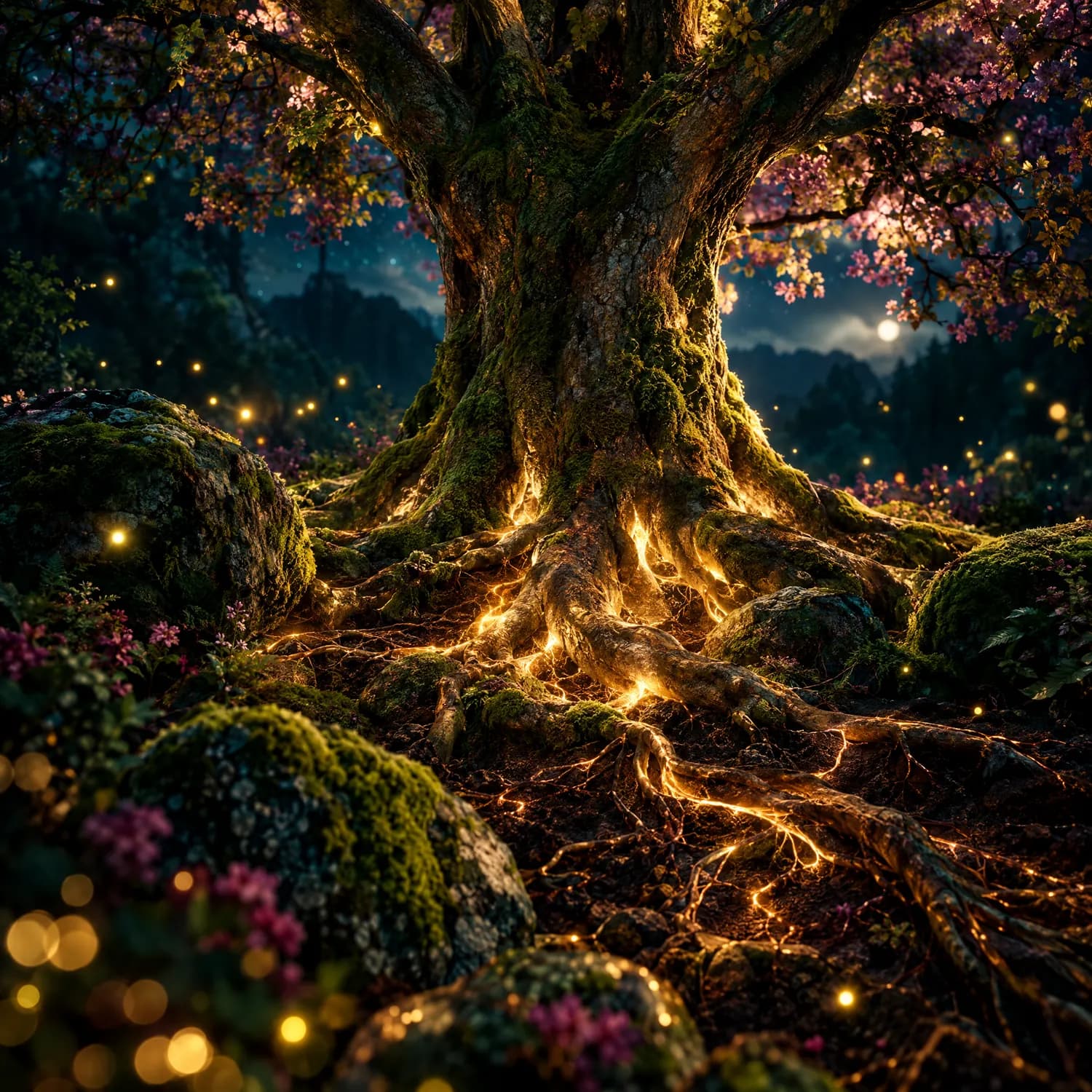 A great tree with glowing golden roots in dark earth, the element of earth
