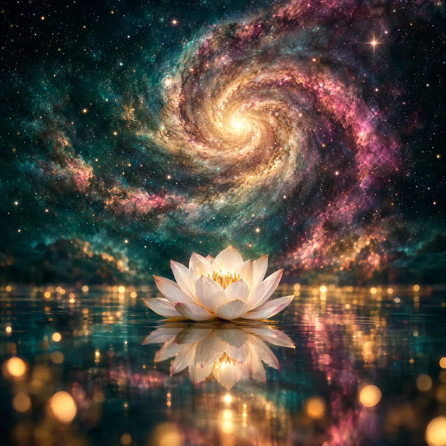 A spiral nebula above a single white lotus on still water, the element of ether
