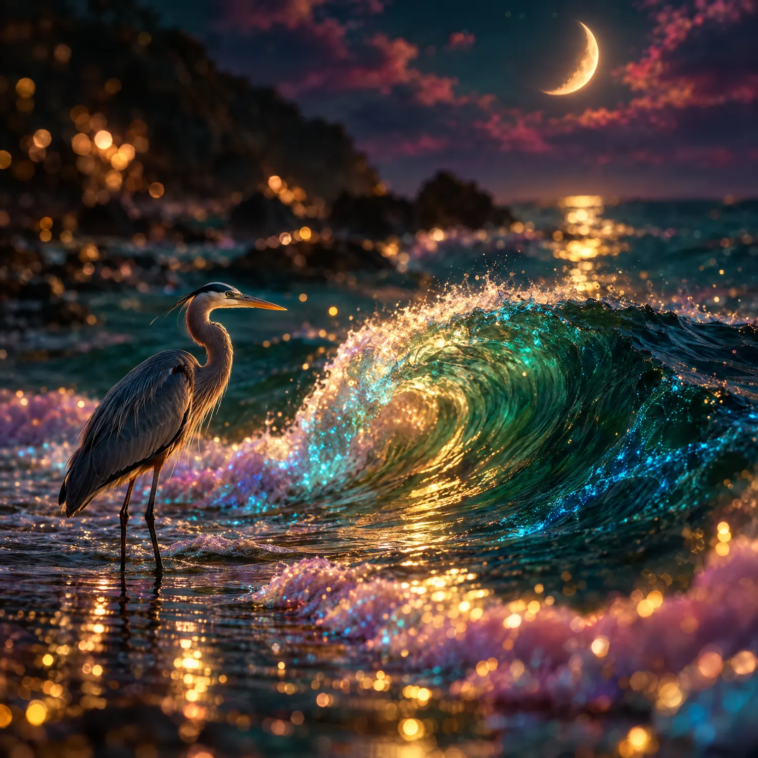 A moonlit wave with glowing foam and a heron in the shallows, the element of water