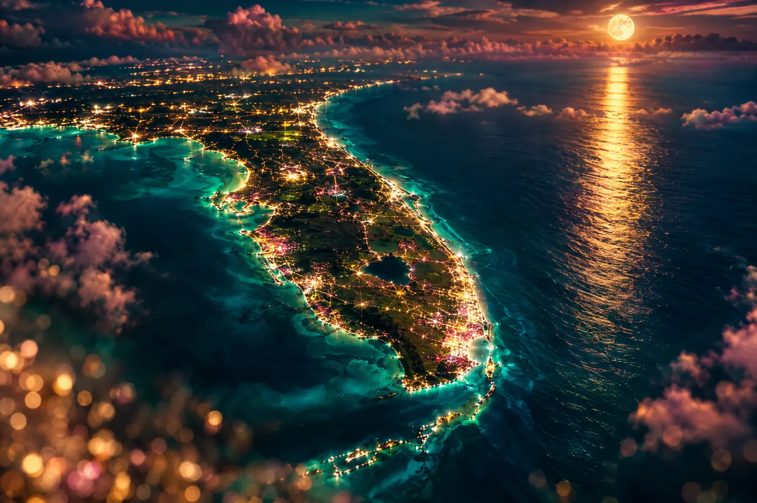 The Florida peninsula at night from above, the full moon rising over the Atlantic