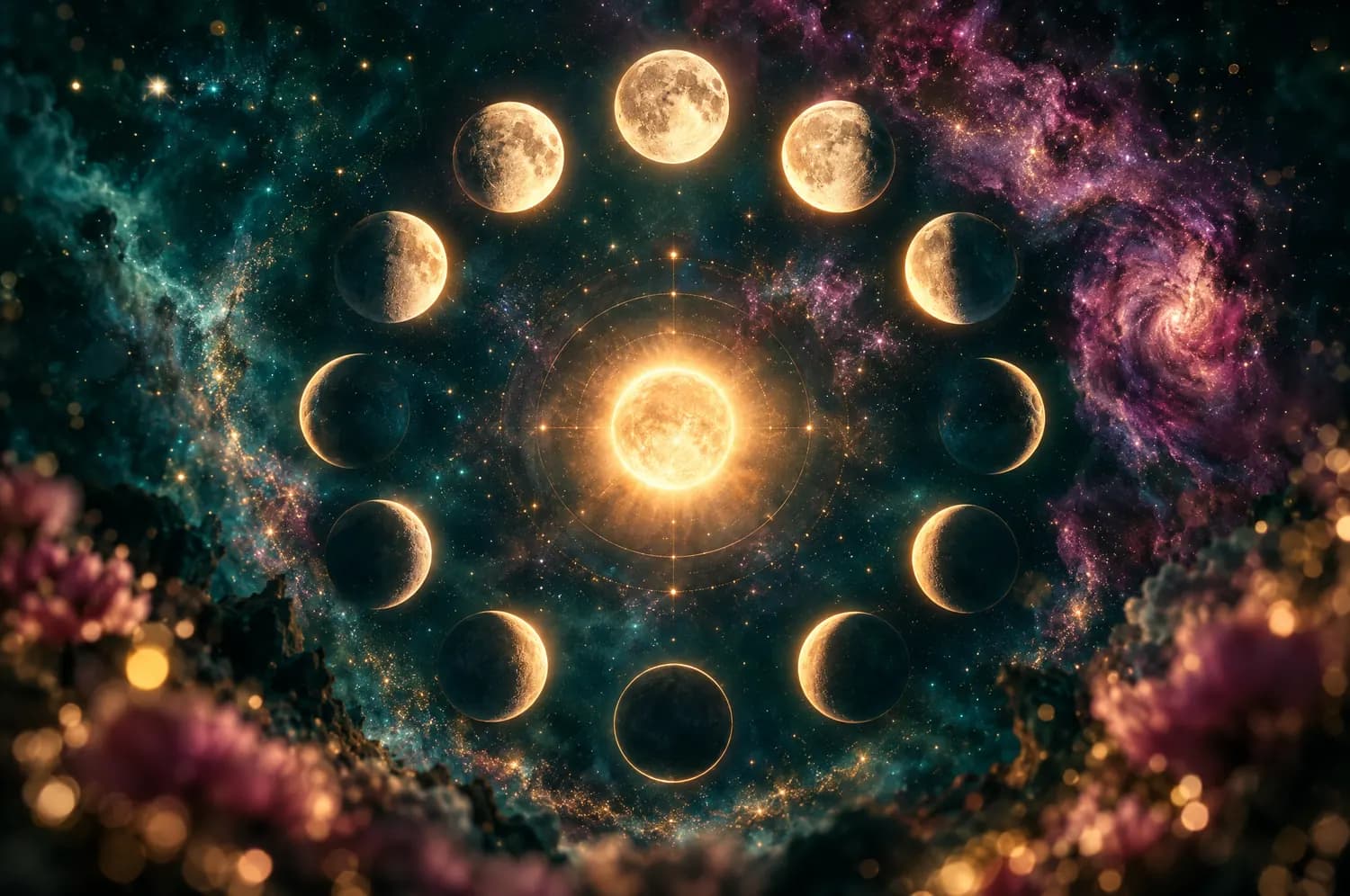 Twelve glowing moons in their phases circling a golden sun