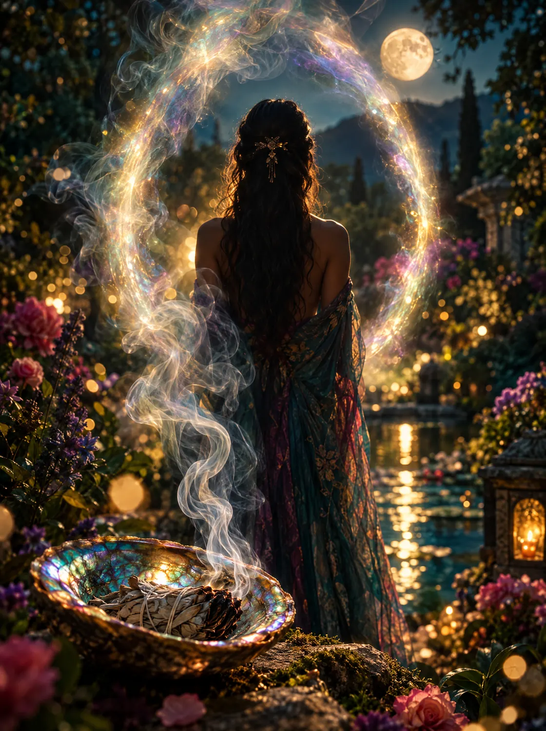 Sage smoke forming a luminous halo around a woman standing in a moonlit garden