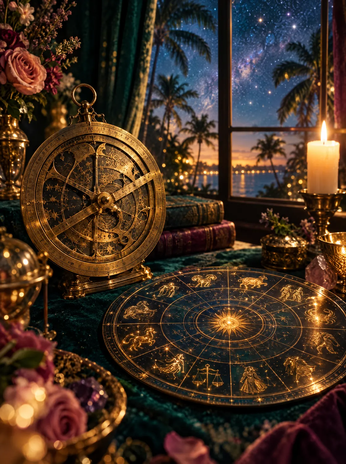 An antique astrolabe and natal chart glowing beside a candle, palms and stars beyond the window