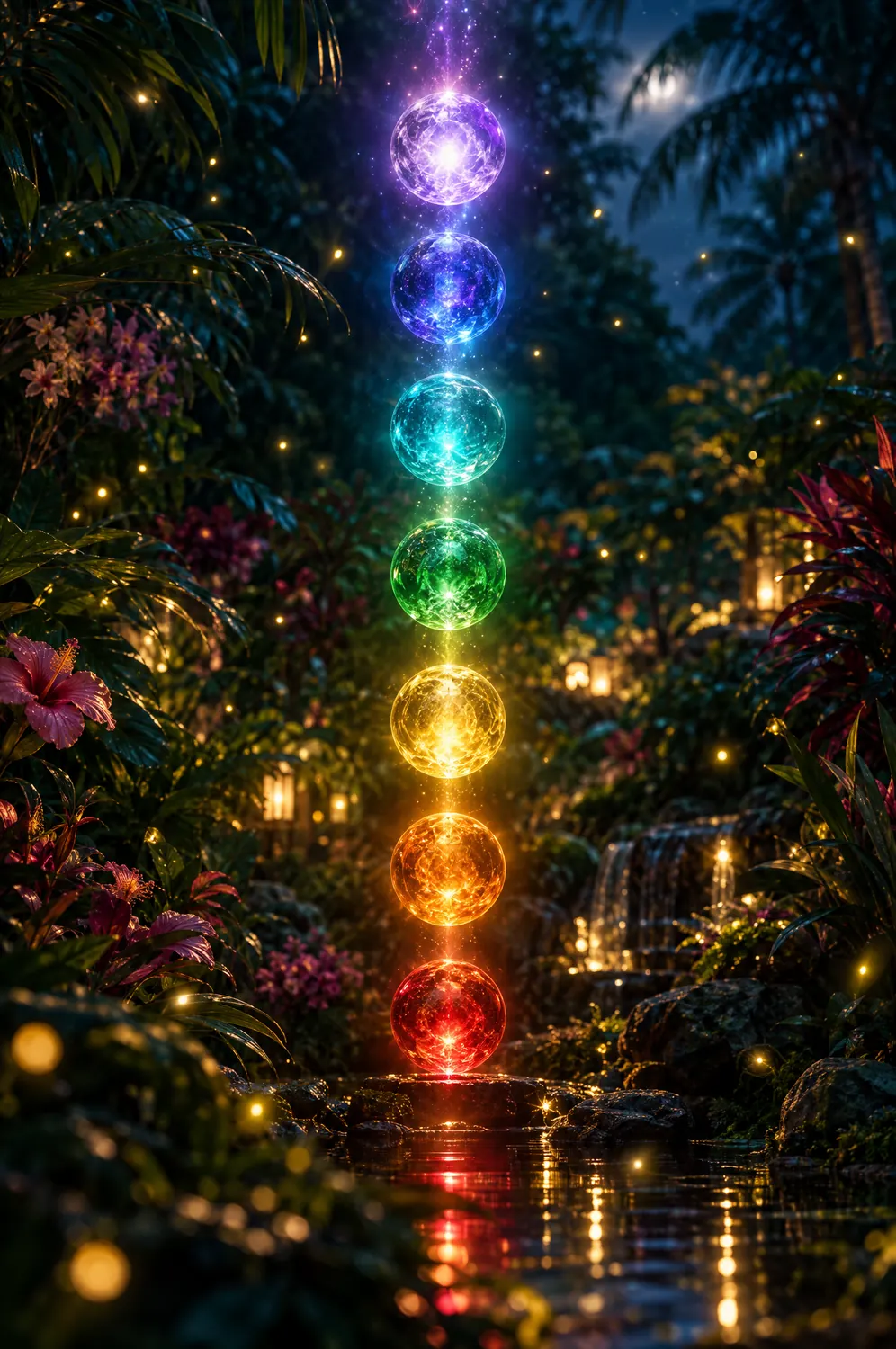 Seven glowing orbs of light in jewel colours rising in a column through a night garden