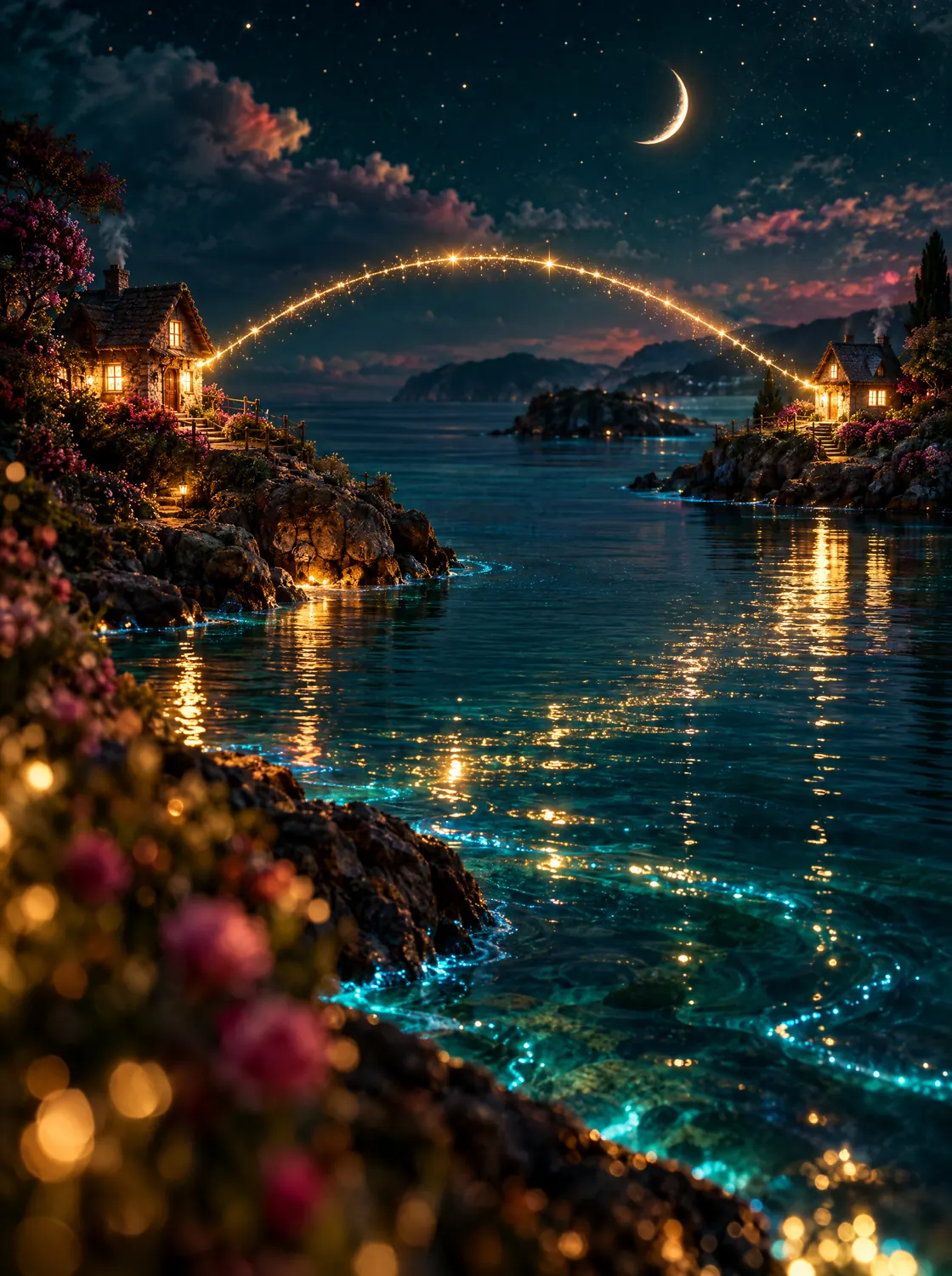 Two glowing cottages on opposite shores joined by a thread of starlight over the sea