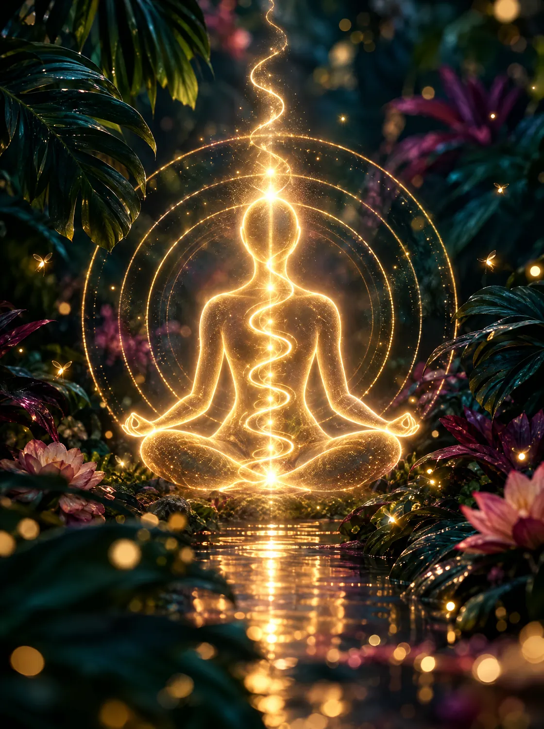 A luminous golden outline of a meditating figure surrounded by rings of light in a night garden