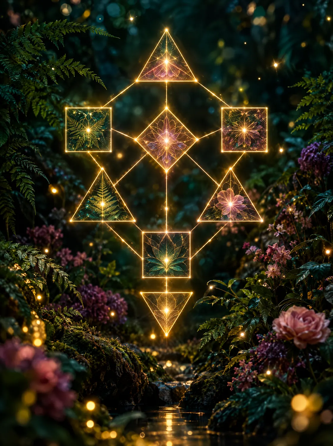 A glowing gold geometric chart of nine connected centres over dark ferns