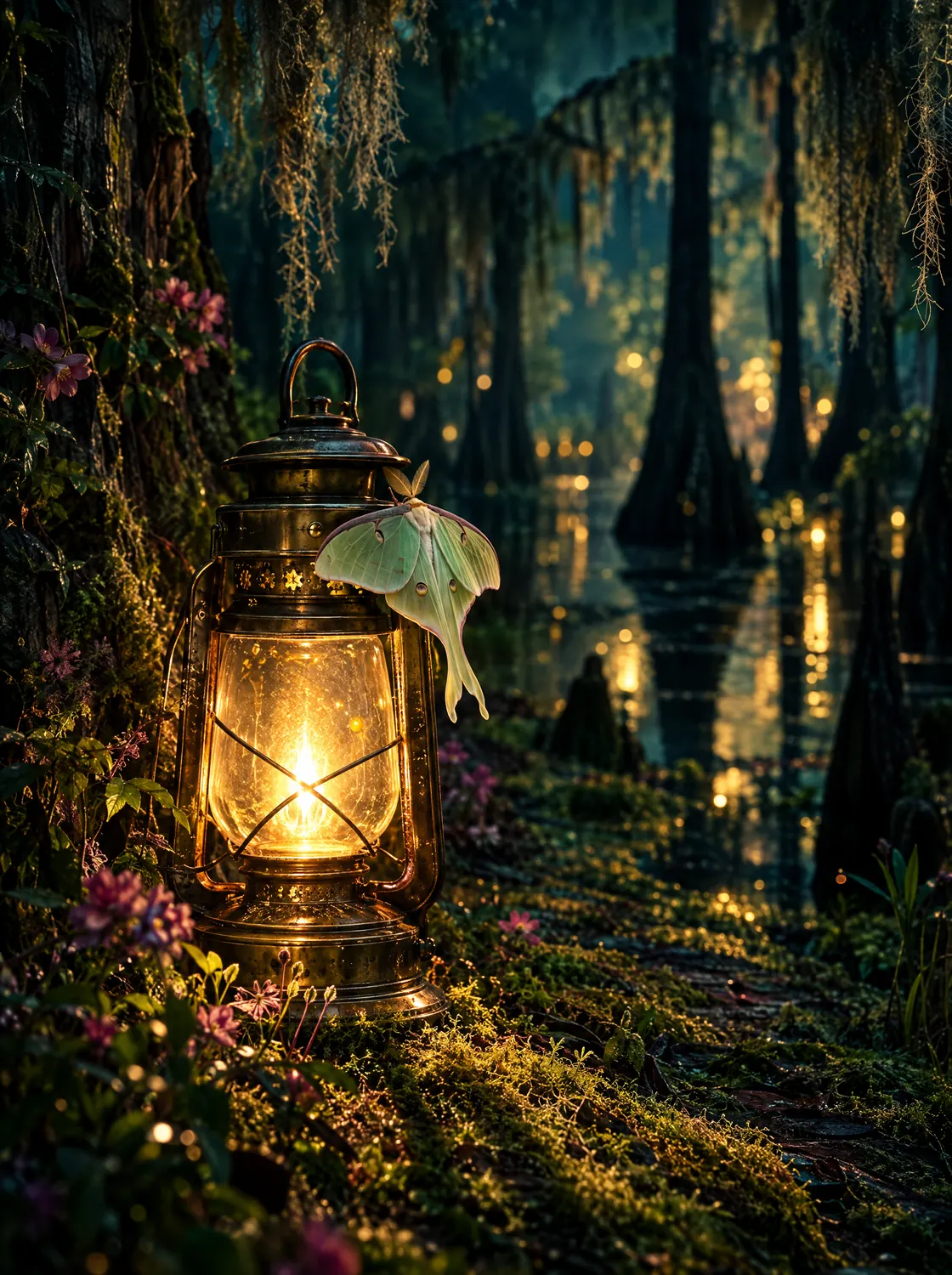 A brass lantern glowing on a mossy path in a cypress swamp at night, a luna moth on the lantern