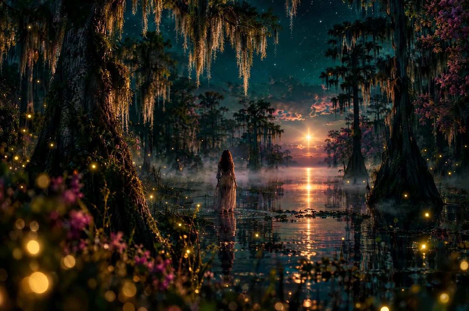 A figure walking through a misty cypress swamp toward one bright star