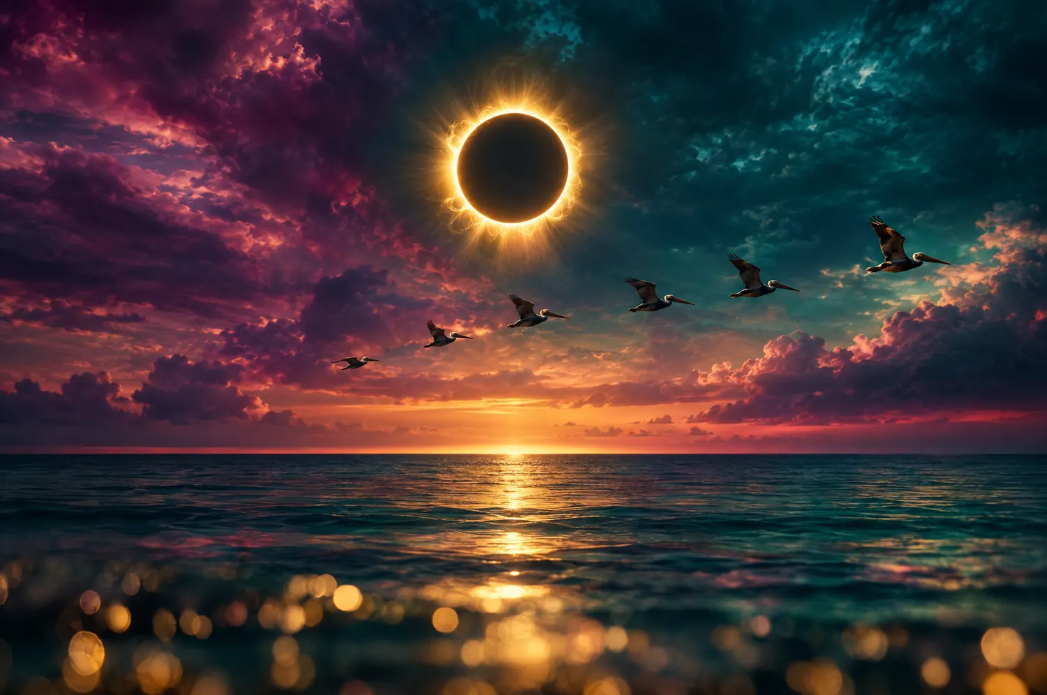 A total solar eclipse with a golden corona above the ocean, pelicans flying