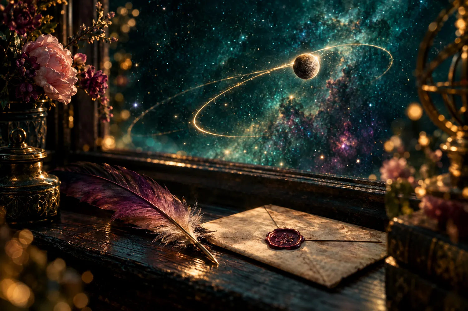 Mercury tracing a glowing looping path across the stars above a feather and sealed letter