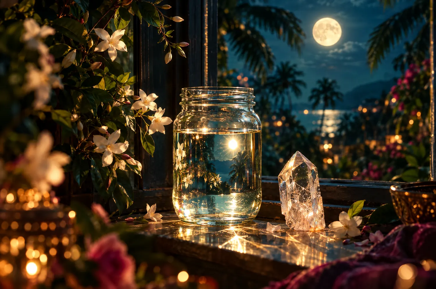 A glass jar of water glowing on a windowsill under the full moon