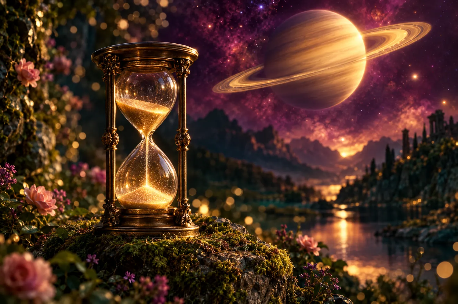 Saturn glowing in a plum night sky above an antique hourglass
